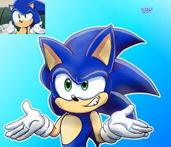 Size: 2048x1753 | Tagged: safe, artist:w1r3z, sonic the hedgehog, hedgehog, sonic x, 2026, absurd res, clenched teeth, gradient background, looking offscreen, male, outline, redraw, reference inset, shrugging, signature, smile, solo