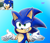 Size: 2048x1753 | Tagged: safe, artist:w1r3z, sonic the hedgehog, hedgehog, sonic x, 2026, absurd res, clenched teeth, gradient background, looking offscreen, male, outline, redraw, reference inset, shrugging, signature, smile, solo