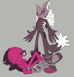 Size: 1955x2048 | Tagged: safe, artist:linnytheseagull, gadget the wolf, infinite the jackal, 2025, blushing, duo, floppy ears, gay, grey background, looking at each other, phantom ruby, rookinite, shipping, simple background