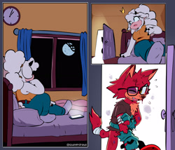 Size: 2538x2176 | Tagged: safe, artist:quaverdraws, gadget the wolf, lanolin the sheep, sheep, wolf, 2026, bed, bedroom, blood, bruise, comic, door, doorway, duo, female, gadget x lanolin, glasses, holding something, indoors, looking at them, looking offscreen, male, moon, nighttime, noticing, one eyes closed, opening door, pillow, shipping, shirt, sitting, straight, weapon, window, wispon, wound, wraps