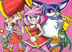 Size: 1024x749 | Tagged: safe, artist:viciousbutprecious, amy rose, big the cat, cheese (chao), cream the rabbit, froggy, cat, chao, frog, hedgehog, rabbit, sonic heroes, 2020, agender, female, fishing pole, group, holding something, looking at viewer, looking offscreen, male, mouth open, open smile, outline, piko piko hammer, pink background, simple background, smile, standing, team rose, traditional media, weapon, white outline