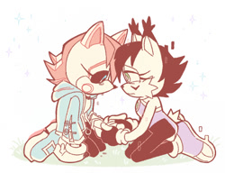 Size: 684x525 | Tagged: safe, artist:jadeyarts, nicole the hololynx, sally acorn, duo, female, holding hands, kneeling, looking at them