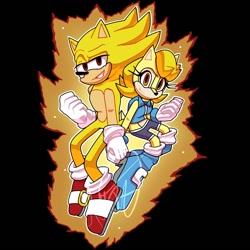 Size: 1100x1100 | Tagged: safe, artist:lameshadxd, sally acorn, sonic the hedgehog, super sonic, chipmunk, hedgehog, 2025, artist signature, black background, duo, female, fist, floating, grin, holding something, looking at viewer, male, outline, pose, sally x sonic, sally's ringblader outfit, shipping, simple background, smile, smiling at viewer, straight, super form, super sally, watermark, white outline