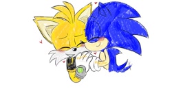 Size: 800x415 | Tagged: safe, artist:riri_galpal, miles "tails" prower, nine, sonic the hedgehog, fox, hedgehog, 2023, blushing, cute, duo, eyes closed, gay, heart, holding hands, male, nine x sonic, nuzzle, shipping, simple background, smile, sonabetes, sonic x tails, tailabetes, wagging tail, white background