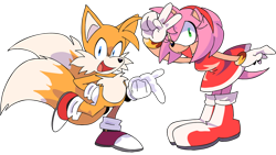 Size: 1280x720 | Tagged: safe, artist:superzachworldart, amy rose, miles "tails" prower, fox, hedgehog, 2026, clothes, dress, duo, eyelashes, female, hand on hip, looking at viewer, male, mouth open, open smile, pointing, simple background, smile, smiling at viewer, standing, standing on one leg, transparent background, v sign, wink, winking at viewer