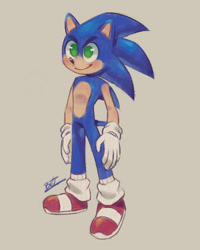 Size: 1280x1600 | Tagged: safe, artist:bzart55, sonic the hedgehog, hedgehog, 2026, grey background, looking offscreen, male, no pupils, signature, simple background, smile, solo, standing, style emulation