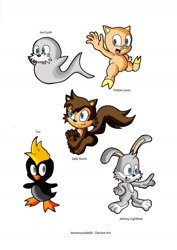 Size: 900x1273 | Tagged: safe, artist:nextgrandcross, johnny lightfoot, sally acorn, rabbit, squirrel, walrus, 2010, acorn, barefoot, character name, english text, eyelashes, female, group, joe sushi, male, penguin, pig, pointing, porker lewis, simple background, smile, text, tux, white background