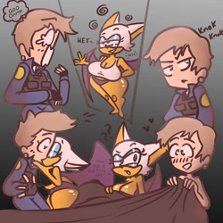 Size: 2000x2000 | Tagged: suggestive, artist:g00dstuff, agent topaz, rouge the bat, bat, human, bed, blanket, blushing, duo, female, hand behind back, kiss, kiss on lips, lesbian, looking at them, raised eyebrow, rouge x topaz, shipping, smile, surprise kiss