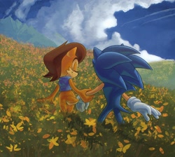 Size: 2048x1838 | Tagged: safe, artist:jadepesky, sally acorn, sonic the hedgehog, chipmunk, hedgehog, 2026, clouds, daytime, duo, eyes closed, female, flower, happy, hill, holding hands, male, mountain, nature, outdoors, plant, sally x sonic, sally's vest and boots, shipping, smile, straight, walking