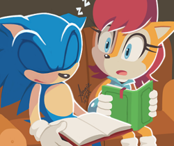 Size: 476x400 | Tagged: safe, artist:angiethecat, sally acorn, sonic the hedgehog, chipmunk, hedgehog, 2026, book, couch, duo, female, holding something, looking at them, male, open mouth, reading, sally x sonic, sally's ringblader outfit, shipping, sleeping, straight, zzz