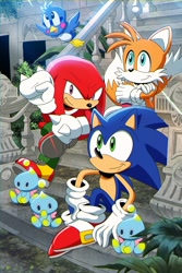 Size: 2731x4096 | Tagged: safe, artist:mistajonz, knuckles the echidna, miles "tails" prower, sonic the hedgehog, bird, chao, echidna, fox, hedgehog, 2026, agender, building, daytime, friendship, group, literal animal, looking offscreen, looking up, male, mid-air, plant, ruins, sitting, stairs, sunlight