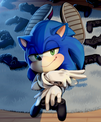 Size: 1144x1379 | Tagged: safe, artist:myly14, sonic the hedgehog, hedgehog, 2020, absurd res, backwards v sign, controller, indoors, lidded eyes, looking at viewer, lying down, lying on front, male, one fang, ps4, rug, smile, smiling at viewer, solo, treads, v sign