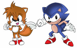 Size: 900x569 | Tagged: safe, artist:redlinks, miles "tails" prower, sonic the hedgehog, fox, hedgehog, adventures of sonic the hedgehog, 2010, duo, fighting pose, male, pose, simple background, smile, standing, thumbs up, white background