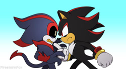 Size: 1280x708 | Tagged: safe, artist:firestormfoxcinder, eclipse the darkling, shadow the hedgehog, black sclera, duo, gradient background, pointing, scolding