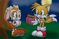 Size: 744x490 | Tagged: safe, artist:tigerfog, cream the rabbit, miles "tails" prower, fox, rabbit, cream x tails, creamabetes, cute, duo, female, hands together, holding something, male, moon, mouth open, nighttime, open smile, outdoors, present, shipping, smile, straight, tailabetes, tree
