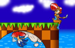 Size: 4433x2831 | Tagged: safe, artist:shanahat, nicole the handheld, sally acorn, sonic the hedgehog, chipmunk, hedgehog, green hill zone, 2026, clouds, daytime, duo, dust, dust clouds, female, holding something, looking at each other, loop, male, orange brown checkerboard, running, sally x sonic, sally's vest and boots, shipping, sitting, smile, smiling at each other, straight, water