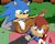 Size: 6000x4800 | Tagged: safe, artist:cadenreigns, sally acorn, sonic the hedgehog, chipmunk, hedgehog, 2026, alternate outfit, alternate universe, blushing, bush, duo, female, forest, grin, guitar, holding something, leaning, looking at viewer, lying down, lying on them, male, musical instrument, outdoors, rock, sally x sonic, sally's ringblader outfit, shipping, smile, smiling at each other, straight