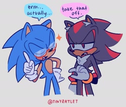 Size: 1835x1553 | Tagged: safe, artist:tinyratlet, shadow the hedgehog, sonic the hedgehog, hedgehog, 2023, dialogue, duo, ear fluff, erm actually, eyes closed, flat colors, glasses, grey background, hand on hip, lidded eyes, looking at them, male, meme, one fang, simple background, sparkle, standing, text, wagging finger