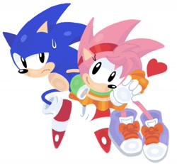 Size: 1352x1248 | Tagged: safe, artist:mannotoons, amy rose, sonic the hedgehog, hedgehog, sonic cd, 2026, classic amy, classic sonic, classic sonic (universe), duo, female, grey background, hands together, heart, male, mid-air, redraw, shipping denied, simple background, sweatdrop