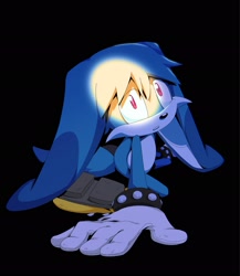 Size: 1777x2048 | Tagged: safe, artist:jam06art, kit the fennec, fox, 2026, black background, clenched teeth, fennec, hand on ground, kneeling, light, looking at viewer, male, simple background, solo, treads