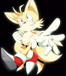 Size: 1777x2048 | Tagged: safe, artist:jam06art, miles "tails" prower, super tails, fox, 2026, alternate super form, black background, clenched fist, clenched teeth, flying, grin, kitsune, looking offscreen, male, mid-air, reaching towards the viewer, simple background, smile, solo, super form, treads