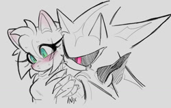 Size: 1287x813 | Tagged: safe, artist:tr1shuu, amy rose, metal sonic, neo metal sonic, hedgehog, 2026, amybetes, black sclera, blushing, cute, duo, eye clipping through hair, female, frown, grey background, hand on shoulder, line art, male, metamy, monochrome, robot, shipping, simple background, spot color, straight