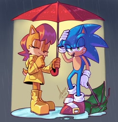 Size: 2073x2133 | Tagged: safe, artist:angiethecat, sally acorn, sonic the hedgehog, chipmunk, hedgehog, 2026, duo, eyes closed, female, hand on head, holding something, light, male, puddle, rain, raincoat, sally x sonic, shipping, smile, standing, straight, umbrella, water, wet
