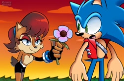 Size: 2812x1830 | Tagged: safe, artist:kitare, sally acorn, sonic the hedgehog, chipmunk, hedgehog, 2026, alternate universe, au:freedom swap, duo, female, flower, giving object, grass, grass field, holding something, looking at each other, male, naked, open mouth, ringblader, role swap, sally x sonic, shipping, smile, standing, straight, sunset, topless