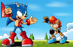 Size: 2812x1830 | Tagged: safe, artist:kitare, sally acorn, sonic the hedgehog, chipmunk, hedgehog, 2026, alternate universe, au:freedom swap, cloud, daytime, duo, female, grass, looking at each other, male, naked, open mouth, open smile, ringblader, role swap, sally x sonic, shipping, smile, standing, straight, talking, topless, tree