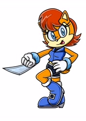 Size: 2893x4092 | Tagged: safe, artist:smaximations, sally acorn, chipmunk, 2026, alternate version, female, looking at viewer, open smile, pose, sally's ringblader outfit, simple background, smile, smiling at viewer, solo, white background