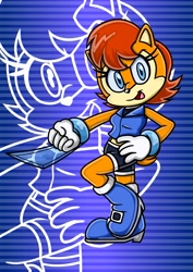 Size: 2893x4092 | Tagged: safe, artist:smaximations, sally acorn, chipmunk, 2026, alternate version, echo background, female, looking at viewer, open smile, pose, sally's ringblader outfit, smile, smiling at viewer, solo