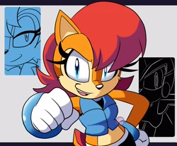 Size: 3500x2900 | Tagged: safe, artist:theglitched0wl, sally acorn, chipmunk, 2026, echo background, female, fist, looking at viewer, mecha sally, open smile, pose, sally's ringblader outfit, sally's vest and boots, simple background, smile, smiling at viewer, solo, watermark