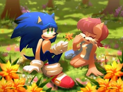 Size: 3072x2304 | Tagged: safe, artist:zinnyalila, sally acorn, sonic the hedgehog, chipmunk, hedgehog, 2026, daytime, duo, eyes closed, female, flower, forest, holding something, laughing, looking at each other, male, nature, plant, sally x sonic, sally's vest and boots, shadow (lighting), shipping, sitting, straight, tree