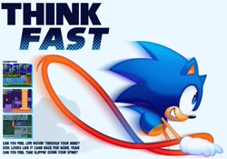 Size: 2048x1435 | Tagged: safe, artist:sirpyes, sonic the hedgehog, hedgehog, green hill zone, sonic the hedgehog (1991), 2026, alternate eye color, blue eyes, classic sonic, classic sonic (universe), clenched teeth, dust clouds, english text, hand on ground, lineless, live and learn, male, marble zone, running, scrap brain zone, side view, simple background, smile, solo, song lyrics, super peel-out, text, white background