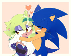 Size: 1280x1002 | Tagged: safe, artist:xxlovelyrose95xx, sonic the hedgehog, oc, oc:mint the hedgehog, hedgehog, 2026, blushing, border, clenched teeth, duo, eye clipping through hair, eyes closed, female, floppy ear, heart, hugging, lidded eyes, male, smile