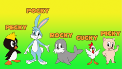 Size: 853x480 | Tagged: safe, artist:artchanxv, picky, pocky, rocky, rabbit, walrus, 2018, ambiguous gender, buck teeth, character name, chicken, cucky, flat colors, gradient background, group, pecky, penguin, pig, smile, standing, text