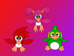 Size: 640x480 | Tagged: safe, artist:artchanxv, flicky, bird, sonic 3d blast, 2018, ambiguous gender, flat colors, flying, gradient background, green flicky, looking at viewer, mid-air, pink flicky, red flicky, trio