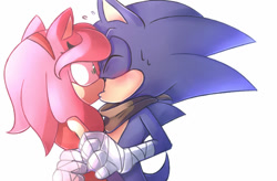 Size: 1024x670 | Tagged: safe, artist:proboom, amy rose, sonic the hedgehog, hedgehog, 2016, amy x sonic, bandana, clothes, duo, eyes closed, female, first kiss, holding them, kiss, male, shipping, shrunken pupils, simple background, sonic boom (tv), straight, surprise kiss, surprised, sweatdrop, white background