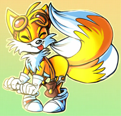 Size: 1024x977 | Tagged: safe, artist:pepooni, artist:proboom, miles "tails" prower, fox, 2015, belt, bending over, clothes, cute, eyes closed, fangs, gloves, goggles, male, outline, shoes, solo, standing, tailabetes, tongue out