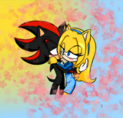 Size: 1024x984 | Tagged: safe, artist:lunar-lotus, maria robotnik, shadow the hedgehog, oc, oc:maria the hedgehog, hedgehog, 2018, age difference, blushing, duo, eye clipping through hair, female, hugging, lidded eyes, looking at each other, male, maria x shadow, mobianified, petals, pseudo-incest, shipping, species swap, standing, straight