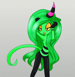 Size: 1600x1643 | Tagged: safe, artist:lunar-lotus, zeena, zeti, 2017, female, gradient background, hand on head, lidded eyes, looking offscreen, pose, smile, solo, standing, yellow sclera