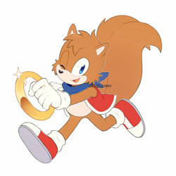 Size: 1024x1024 | Tagged: safe, artist:xxlovelyrose95xx, oc, oc:scurry the squirrel, squirrel, 2026, bandana, clothes, flat colors, gilet, gloves, holding something, looking at viewer, mouth open, oc only, open smile, ring, running, shoes, simple background, smile, smiling at viewer, socks, solo, sparkles, treads, white background, wink, winking at viewer