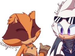 Size: 640x480 | Tagged: safe, artist:aaronlinxe, oc, oc:rock the bat, oc:scoop the badger, badger, bat, 2025, chest fluff, clothes, duo, ear fluff, eyes closed, eyewear on head, gloves, looking at them, male, mouth open, necklace, not rouge, not sticks, scarf, signature, simple background, sunglasses, talking, vest, white background