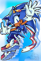 Size: 1086x1600 | Tagged: safe, artist:jojoleafy1234, sonic the hedgehog, hedgehog, 2024, alternate eye color, blue eyes, clothes, ear piercing, eyelashes, female, gender swap, gloves, headscarf, looking at viewer, nike mouth, pants, pointing, redesign, scarf, shoes, smile, solo, treads
