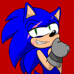 Size: 750x751 | Tagged: safe, artist:darkangelhedgie, sonic the hedgehog, hedgehog, sonic mania adventures, 2020, fingerless gloves, gloves, grey gloves, lidded eyes, male, meme, red background, redraw, scar, simple background, smile, smirk, solo