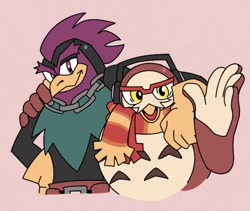 Size: 1170x989 | Tagged: safe, artist:calebartboy15, owl, 2026, don the rooster, don x nite, duo, father's day, gay, hand on another's shoulder, headphones, looking at viewer, male, nite the owl, pose, pride month, red background, rooster, scarf, shipping, simple background, standing, waving