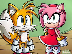 Size: 2048x1536 | Tagged: safe, artist:tailamyfan009, amy rose, miles "tails" prower, fox, hedgehog, sonic x, 2025, absurd res, amy x tails, duo, female, looking at viewer, looking offscreen, male, redraw, shipping, smile, standing, straight