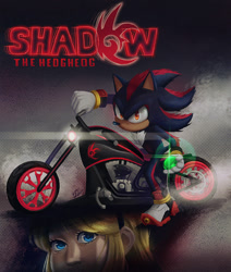 Size: 1280x1507 | Tagged: safe, artist:bzart55, maria robotnik, shadow the hedgehog, human, sonic the hedgehog 3 (film), 2023, akira slide, chaos emerald, character name, dark rider, duo, english text, female, holding something, lineless, looking at viewer, male, motorcycle, movie poster, poster, shadow the hedgehog (video game), shadow's logo, shine, text, vehicle