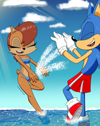 Size: 4800x6000 | Tagged: safe, artist:cadenreigns, sally acorn, sonic the hedgehog, chipmunk, hedgehog, 2026, bikini, cloud, daytime, duo, eyes closed, female, happy, male, ocean, open mouth, open smile, sally x sonic, shipping, smile, splash, straight, sunlight, swimming trunks, swimsuit, water, wet