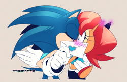 Size: 2316x1488 | Tagged: safe, artist:risziarts, sally acorn, sonic the hedgehog, chipmunk, hedgehog, 2026, blushing, duo, envelope, eyes closed, female, hand on another's back, holding something, holding them, kiss, kiss on lips, male, redraw, sally x sonic, sally's ringblader outfit, shipping, simple background, standing, straight, surprised, valentine's day, yellow background